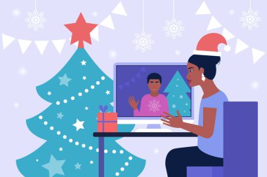 Noel 'in tasviri ve mutlu yıllar teması. Çalışma akışı illüstrasyonu. Bilgisayarlı genç adam. Sosyal ağlarda iletişim, e-posta, online toplantı, video görüşmesi. Düz bir şekilde vektör illüstrasyonu