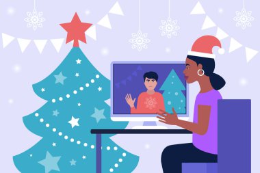 Noel 'in tasviri ve mutlu yıllar teması. Çalışma akışı illüstrasyonu. Bilgisayarlı genç adam. Sosyal ağlarda iletişim, e-posta, online toplantı, video görüşmesi. Düz bir şekilde vektör illüstrasyonu