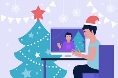 Noel 'in tasviri ve mutlu yıllar teması. Çalışma akışı illüstrasyonu. Bilgisayarlı genç bir kadın. Sosyal ağlarda iletişim, e-posta, online toplantı, video görüşmesi. Düz bir şekilde vektör illüstrasyonu
