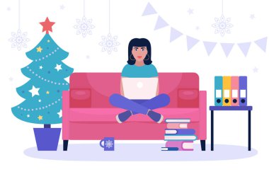 Noel 'in tasviri ve mutlu yıllar teması. Dizüstü bilgisayarlı bir kadın tasviri. Sosyal ağlarda iletişim, e-posta, online toplantı, video görüşmesi. Düz bir şekilde vektör illüstrasyonu