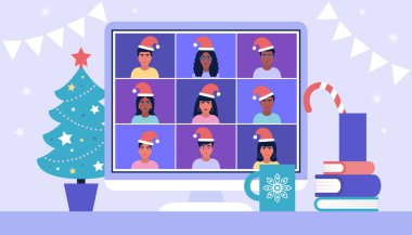 Noel 'in tasviri ve mutlu yıllar teması. Konferans görüntülü konuşma, bir arkadaşla görüntülü konuşma, internetten çalışma, iş görüşmesi. Renkli düz vektör illüstrasyonu
