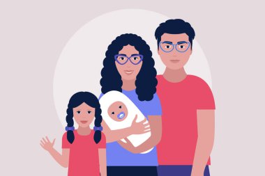 Anne ve babanın çocuklu bir tasviri. Aile kavramı. Renkli düz vektör illüstrasyonu.