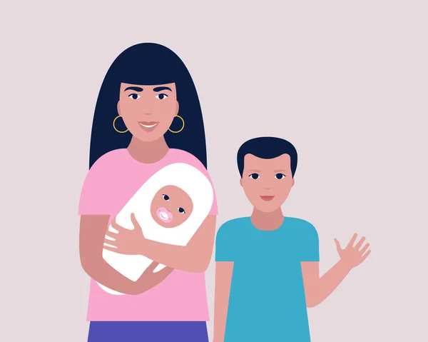 Illustration Der Mutter Mit Kindern Bunte Flache Vektorillustration — Stockvektor