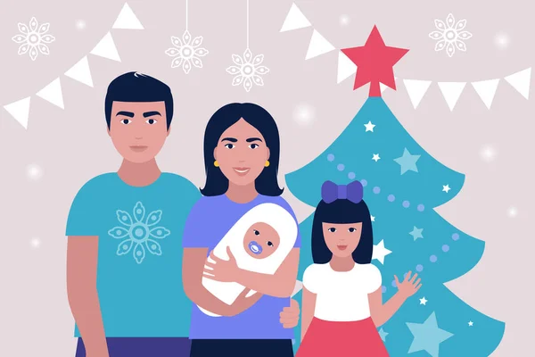 Illustration Noël Bonne Année Thème Illustration Mère Père Avec Enfants — Image vectorielle