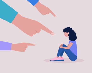 Utanç, suçluluk, kınama kavramını tasvir et. Bir grup insan depresif bir kadını işaret ediyor. Düz bir şekilde vektör illüstrasyonu