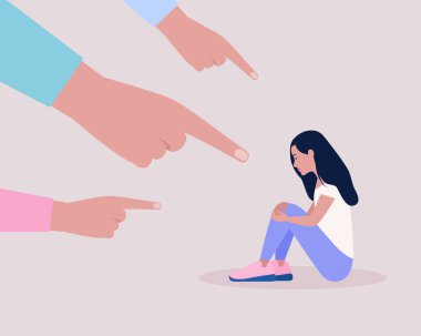 Utanç, suçluluk, kınama kavramını tasvir et. Bir grup insan depresif bir kadını işaret ediyor. Düz bir şekilde vektör illüstrasyonu