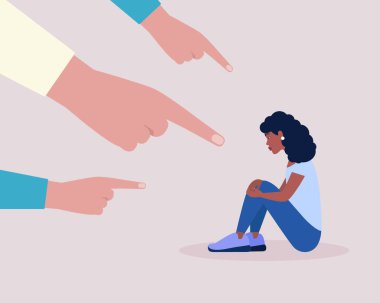 Concept illustration of shame, guilt, censure. Group of people points a finger at a depressed woman. Vector illustration in a flat style clipart