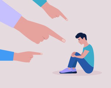 Utanç, suçluluk, kınama kavramını tasvir et. Bir grup insan depresif bir adamı işaret ediyor. Düz bir şekilde vektör illüstrasyonu