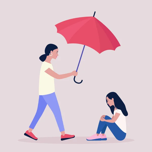 Concepto Ayuda Apoyo Mujer Joven Sosteniendo Paraguas Sobre Una Mujer — Vector de stock