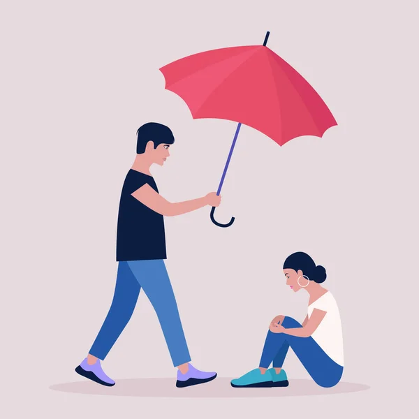 Help Support Concept Young Man Holding Umbrella Seated Woman Colorful — Stock Vector