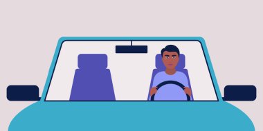 Araba süren bir adamın tasviri. Düz bir şekilde vektör illüstrasyonu.