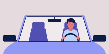 Araba süren bir adamın tasviri. Düz bir şekilde vektör illüstrasyonu.