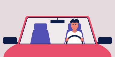 Araba süren bir adamın tasviri. Düz bir şekilde vektör illüstrasyonu.