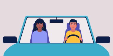 Araba kullanan insanların bir tasviri. Düz bir şekilde vektör illüstrasyonu.