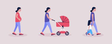 Ana kavram. Hamile bir kadın, bebek arabasıyla yürüyen bir kadın, kızı olan bir anne. Renkli düz vektör illüstrasyonu.