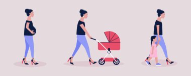 Ana kavram. Hamile bir kadın, bebek arabasıyla yürüyen bir kadın, kızı olan bir anne. Renkli düz vektör illüstrasyonu.