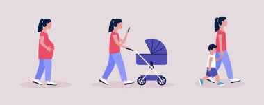 Ana kavram. Hamile bir kadın, bebek arabasıyla yürüyen bir kadın, oğlu olan bir anne. Renkli düz vektör illüstrasyonu.