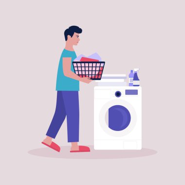 Kirli çamaşır sepetini tutan genç adam. Yıkama konsepti. Renkli düz vektör illüstrasyonu