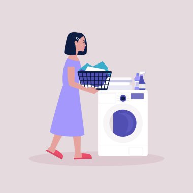 Kirli çamaşır sepetini tutan genç bir kadın. Yıkama konsepti. Renkli düz vektör illüstrasyonu
