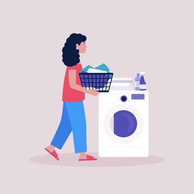 Kirli çamaşır sepetini tutan genç bir kadın. Yıkama konsepti. Renkli düz vektör illüstrasyonu