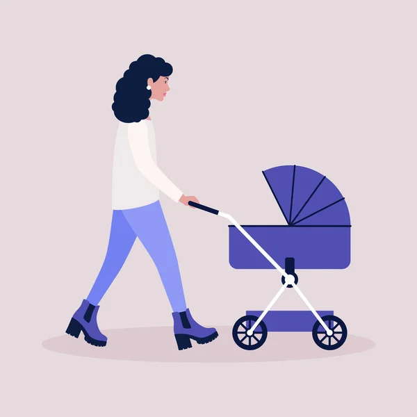 Maman Marche Avec Une Poussette — Image vectorielle