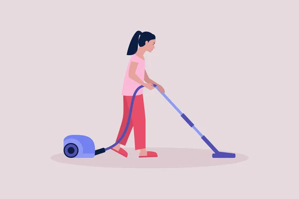 Wanita Muda Membersihkan Lantai Dengan Vacuum Cleaner Ilustrasi Vektor Datar - Stok Vektor