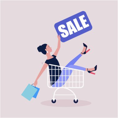 Kara Cuma konsepti. Mutlu kadın alışverişi. Alışveriş arabasında genç bir kadın. Düz bir şekilde vektör illüstrasyonu