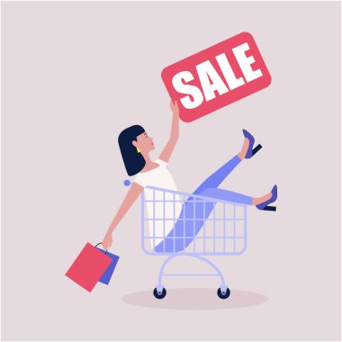 Kara Cuma konsepti. Mutlu kadın alışverişi. Alışveriş arabasında genç bir kadın. Düz bir şekilde vektör illüstrasyonu