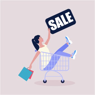 Kara Cuma konsepti. Mutlu kadın alışverişi. Alışveriş arabasında genç bir kadın. Düz bir şekilde vektör illüstrasyonu