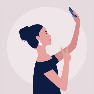 Telefonda selfie çeken genç bir kadının resmi. Renkli düz vektör çizimi.