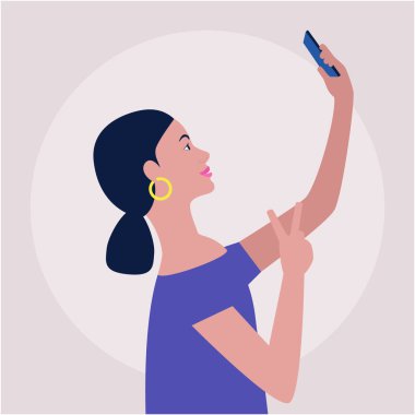 Telefonda selfie çeken genç bir kadının resmi. Renkli düz vektör çizimi.