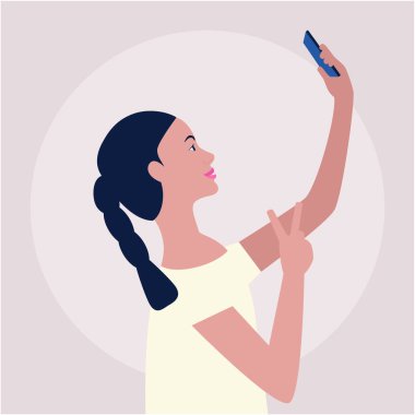 Telefonda selfie çeken genç bir kadının resmi. Renkli düz vektör çizimi.