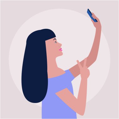 Telefonda selfie çeken genç bir kadının resmi. Renkli düz vektör çizimi.