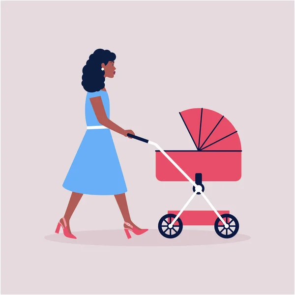 Maman Marche Avec Une Poussette — Image vectorielle