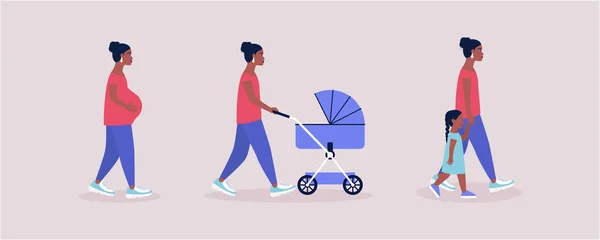 Concepto Madre Ilustración Mujer Embarazada Mujer Que Camina Con Cochecito — Vector de stock
