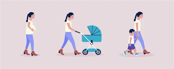 Mother Concept Illustration Pregnant Woman Walking Woman Stroller Mother Daughter — Stock Vector