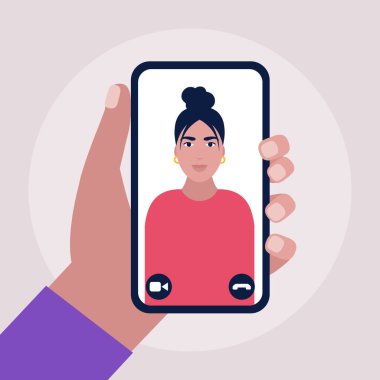 Konferans görüntülü konuşma, bir arkadaşla görüntülü konuşma, internetten çalışma, iş görüşmesi. Renkli düz vektör illüstrasyonu.