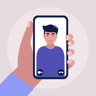 Konferans görüntülü konuşma, bir arkadaşla görüntülü konuşma, internetten çalışma, iş görüşmesi. Renkli düz vektör illüstrasyonu.