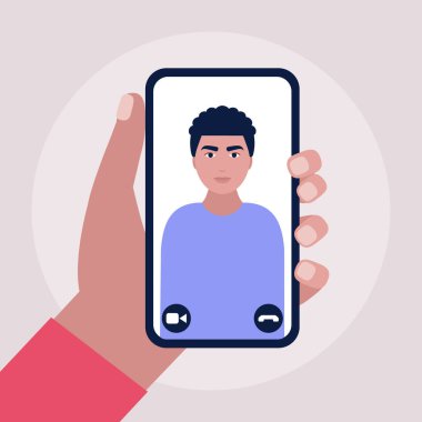 Konferans görüntülü konuşma, bir arkadaşla görüntülü konuşma, internetten çalışma, iş görüşmesi. Renkli düz vektör illüstrasyonu.