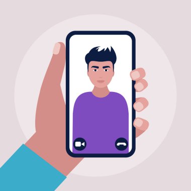 Konferans görüntülü konuşma, bir arkadaşla görüntülü konuşma, internetten çalışma, iş görüşmesi. Renkli düz vektör illüstrasyonu.