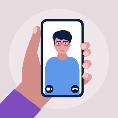 Konferans görüntülü konuşma, bir arkadaşla görüntülü konuşma, internetten çalışma, iş görüşmesi. Renkli düz vektör illüstrasyonu.