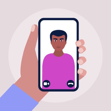 Konferans görüntülü konuşma, bir arkadaşla görüntülü konuşma, internetten çalışma, iş görüşmesi. Renkli düz vektör illüstrasyonu.