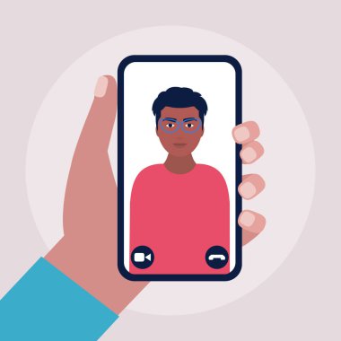 Konferans görüntülü konuşma, bir arkadaşla görüntülü konuşma, internetten çalışma, iş görüşmesi. Renkli düz vektör illüstrasyonu.