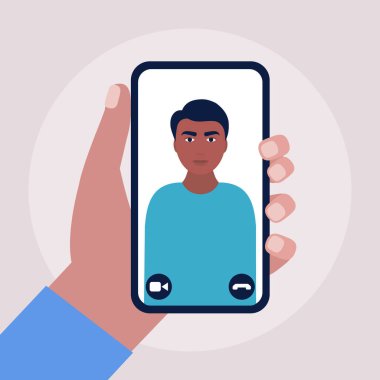 Konferans görüntülü konuşma, bir arkadaşla görüntülü konuşma, internetten çalışma, iş görüşmesi. Renkli düz vektör illüstrasyonu.