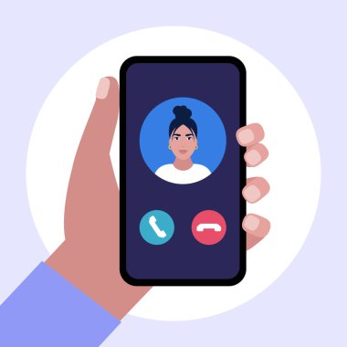 IP telefonculuğu. İnternet görüşmesi. Giden arama ile el ele tutuşan akıllı telefon. Renkli düz vektör illüstrasyonu.