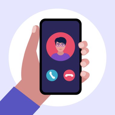 IP telefonculuğu. İnternet görüşmesi. Giden arama ile el ele tutuşan akıllı telefon. Renkli düz vektör illüstrasyonu.