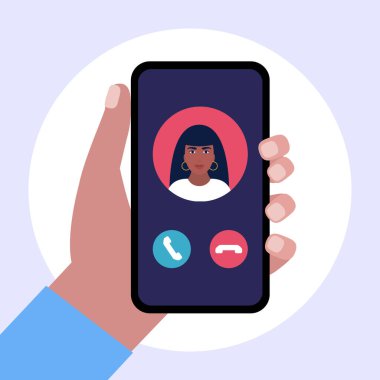 IP telefonculuğu. İnternet görüşmesi. Giden arama ile el ele tutuşan akıllı telefon. Renkli düz vektör illüstrasyonu.