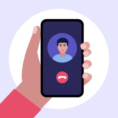 IP telefonculuğu. İnternet görüşmesi. Giden arama ile el ele tutuşan akıllı telefon. Renkli düz vektör illüstrasyonu.