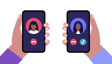 IP telefonculuğu. İnternet görüşmesi. Aranan ve gelen aramalar için akıllı telefon. Renkli düz vektör illüstrasyonu.