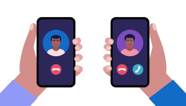 IP telefonculuğu. İnternet görüşmesi. Aranan ve gelen aramalar için akıllı telefon. Renkli düz vektör illüstrasyonu.